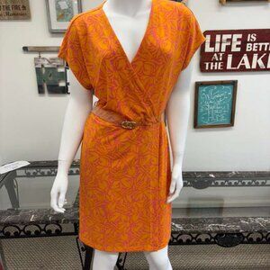 Vibrant Orange & Pink Wrap‑Style Dress with Belt